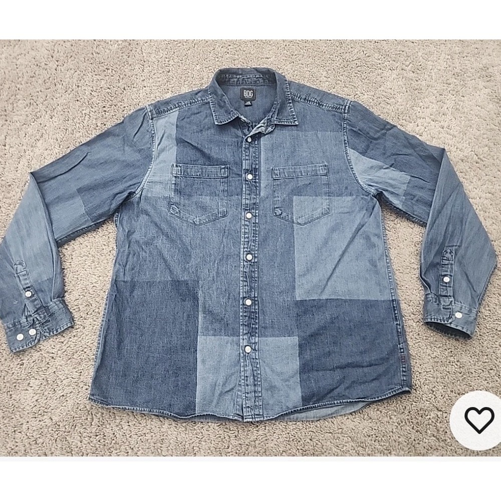 urban outfitters BDG Patchwork Denim Button‎ Up Shirt Long Sleeve Men L Brown